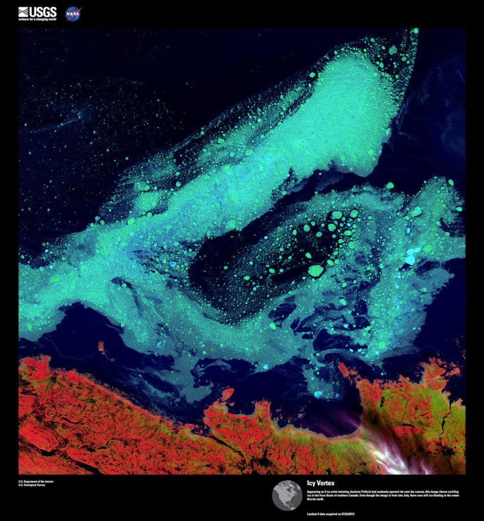 Landsat 8, <em>Icy Vortex</em>. Appearing as if an artist imitating Jackson Pollock had randomly spurted ink onto the canvas, this image shows swirling ice in the Foxe Basin of northern Canada. Even though the image is from late July, there was still ice floating in the water this far north. Image courtesy of US Geological Survey/NASA.