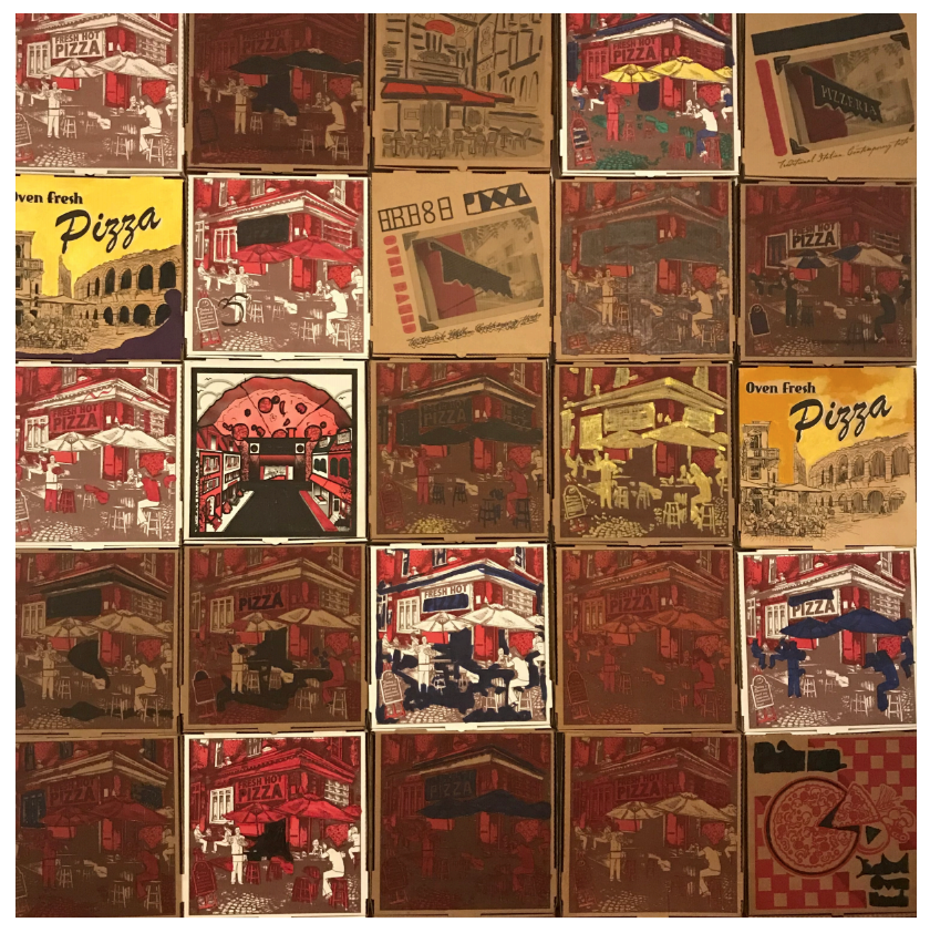 Paul McMahon, Untitled Pizza Boxes (ongoing). Photo courtesy of the Museum of Pizza.