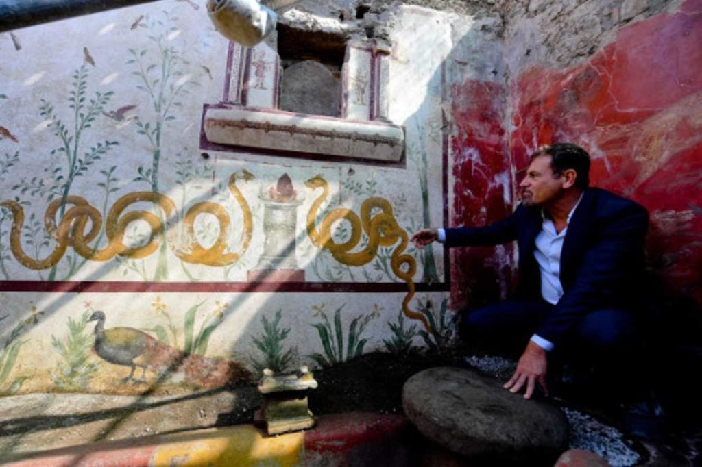 Massimo Osanna, director of the Pompeii archaeological site, in the the newly discovered Enchanted Garden room. Photo by Ciro Fusco courtesy of Pompeii Parco Archeologico.