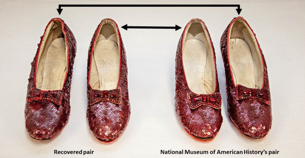 The Ruby Slippers recovered by the FBI and the Ruby Slipper's in the museum's collection are mismatched twins. Photo courtesy of the Smithsonian.