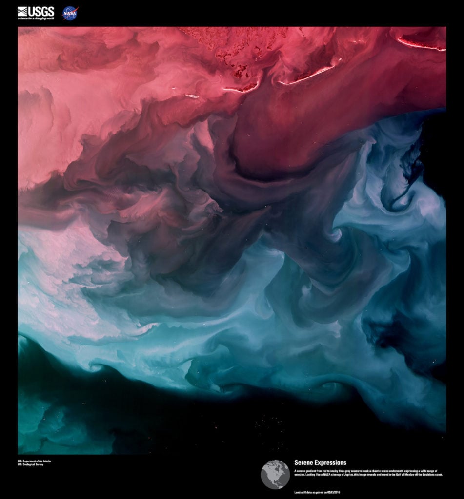 Landsat 8, <em>Serene Expressions</em>. A serene gradient from red to smoky blue-gray seems to mask a chaotic scene underneath, expressing a wide range of emotion. Looking like a NASA closeup of Jupiter, this image reveals sediment in the Gulf of Mexico off the Louisiana coast. Image courtesy of US Geological Survey/NASA.