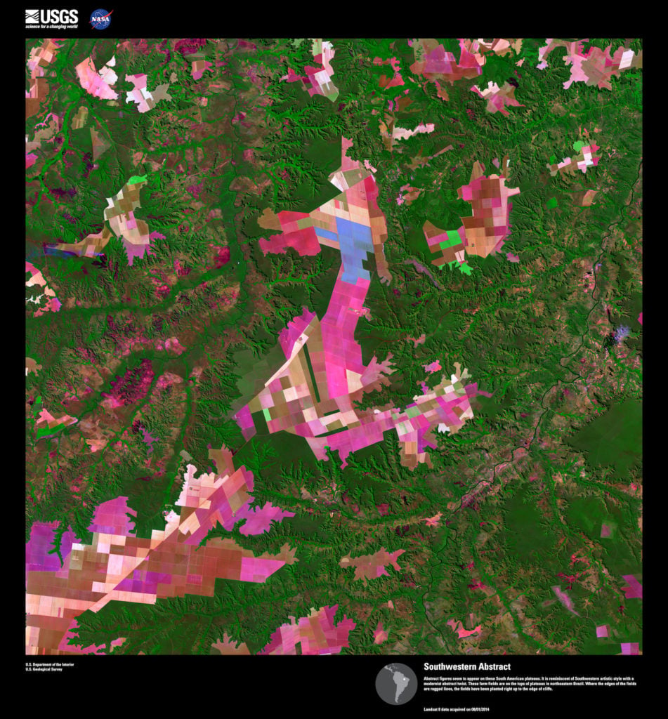 Landsat 8, <em>Southwestern Abstract</em>. Abstract figures seem to appear on these South American plateaus. It is reminiscent of Southwestern artistic style with a modernist abstract twist. These farm fields are on the tops of plateaus in northeastern Brazil. Where the edges of the fields are ragged lines, the fields have been planted right up to the edge of cliffs. Image courtesy of US Geological Survey/NASA.