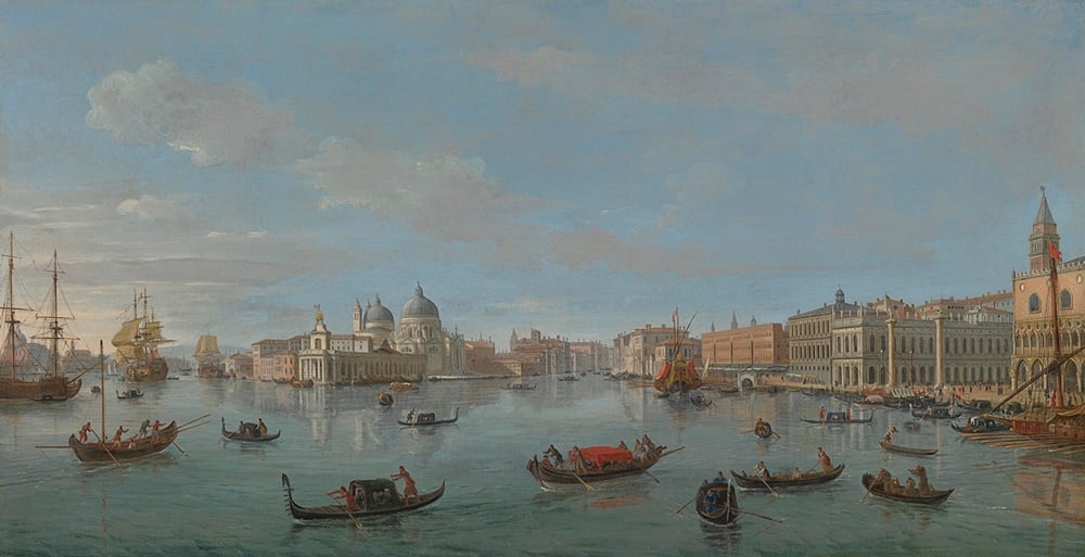 Gaspar van Wittel (called Gaspare Vanvitelli), <i>Rome The Bacino di San Marco, Venice, looking west towards the mouth of the Grand Canal</i> (circa 1720). Courtesy Richard Green Fine Art.