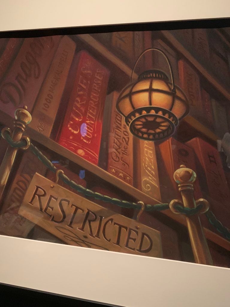  Mary GrandPré's drawing of the restricted section of the library in "Harry Potter: A History of Magic." Photo by Sarah Cascone. 