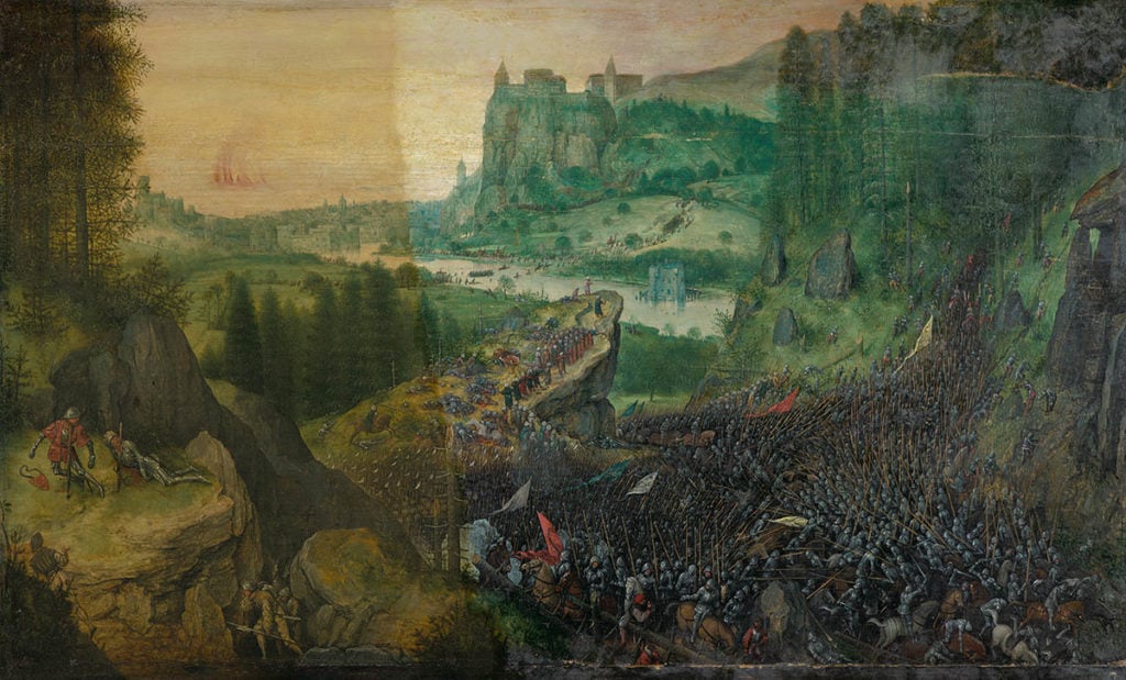 Pieter Bruegel the Elder, <em>Suicide of Saul</em> (1562), in the process of being cleaned. Courtesy of the Kunsthistorisches Museum, Vienna.