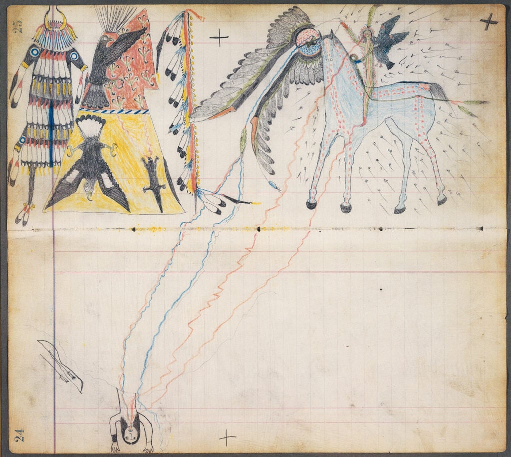 Unrecorded Arapaho artist, attributed to “Henderson Ledger Artist A,” also known as Horseback, “A Medicine Vision” (Arapaho, Oklahoma, 1880). Photo by Dirk Bakker, courtesy Metropolitan Museum of Art, the Charles and Valerie Diker Collection of Native American Art, promised gift of Charles and Valerie Diker.