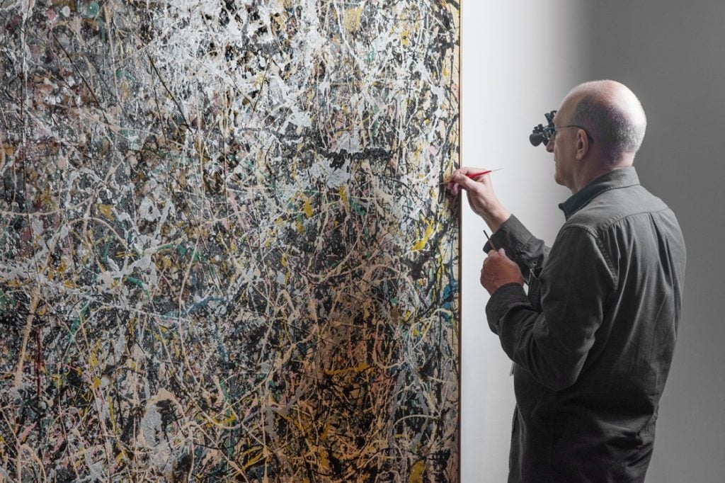 Installation view of Jackson Pollock’s Number 1, 1949: A Conservation Treatment, courtesy of the Museum of Contemporary Art, Los Angeles, photo by Brian Forrest.