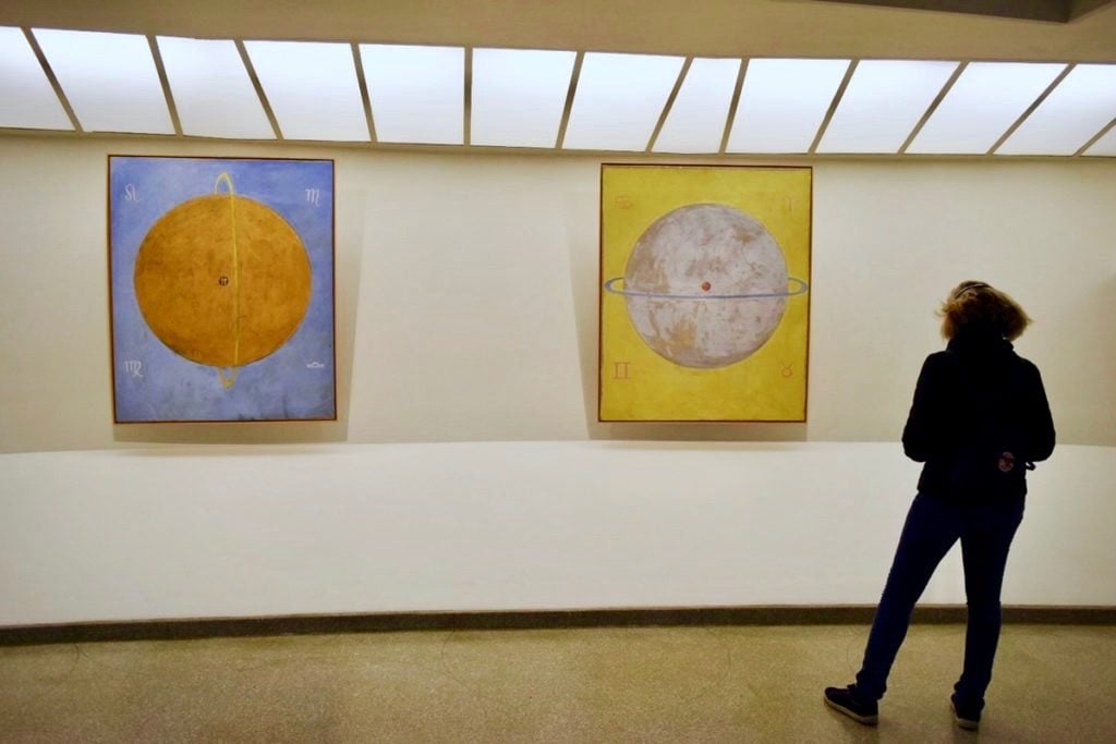 Installation view of Hilma af Klint's "The Dove" paintings. Image courtesy Ben Davis.