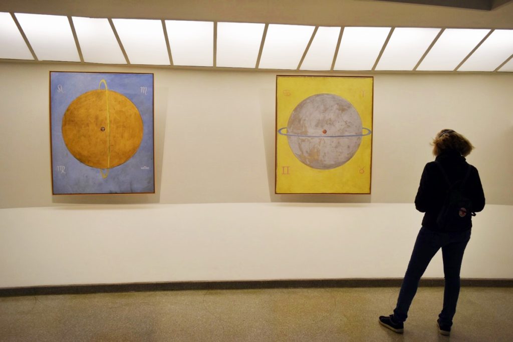 Installation view of Hilma af Klint's "The Dove" paintings. Image courtesy Ben Davis.