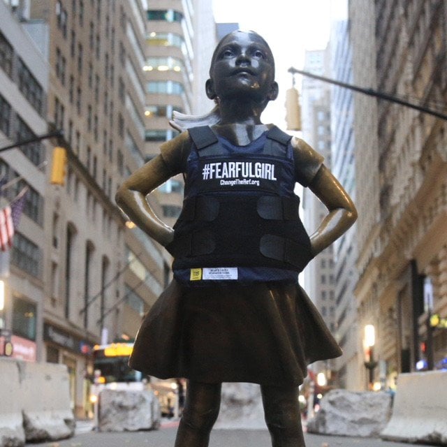 Manuel Oliver, whose son died in the Parkland, Florida, shooting, gave Fearless Girl a bulletproof vest and rechristened her #FearfulGirl. The guerrilla art piece was aimed at election voters casting their ballots in favor of stricter gun control laws. Photo courtesy of the artist.