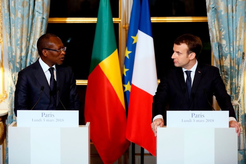 Emmanuel Macron and Benin's President, Patrice Talon. Photo by Etienne Laurent/AFP/Getty Images.