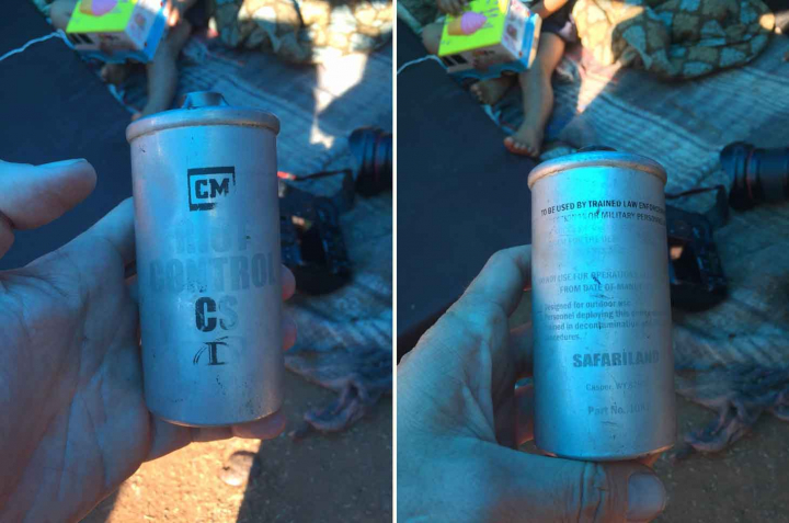 Tear gas used on migrants attempting to enter the US over the weekend bears the Safariland logo. Photo by Patrick Timmons via Twitter.
