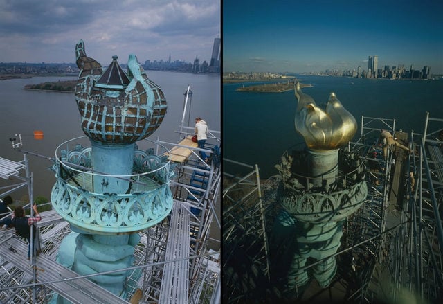 The original torch of the Statue of Liberty and its current version, installed in 1986. Photo courtesy of the Library of Congress.