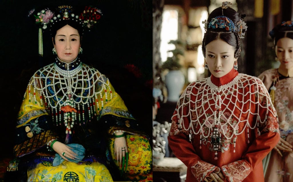 Katharine A. Carl's portrait of the dowager empress Cixi features a pearl cape like that worn by a character in <em>Story of Yanxi Palace</em>. Courtesy of the Smithsonian Institution/iQiyi. 
