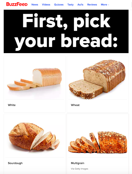 Screenshot from Buzzfeed's "Build A Grilled Cheese And We'll Tell You Something You Need To Do Right Now."