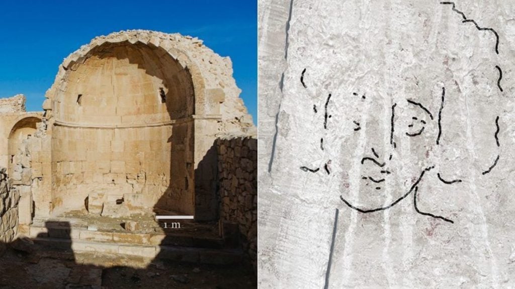 The face of Jesus as seen in an ancient painting discovered in a church in Shivta. Photo by Dror Maayan.