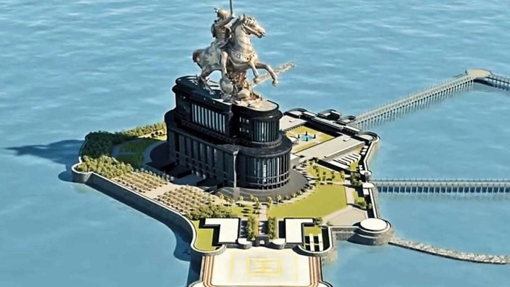 A rendering of the planned Chhatrapati Shivaji Maharaj Memorial, which stands to become the tallest statue in the world at 695 feet. Image courtesy of the Chhatrapati Shivaji Maharaj Memorial.
