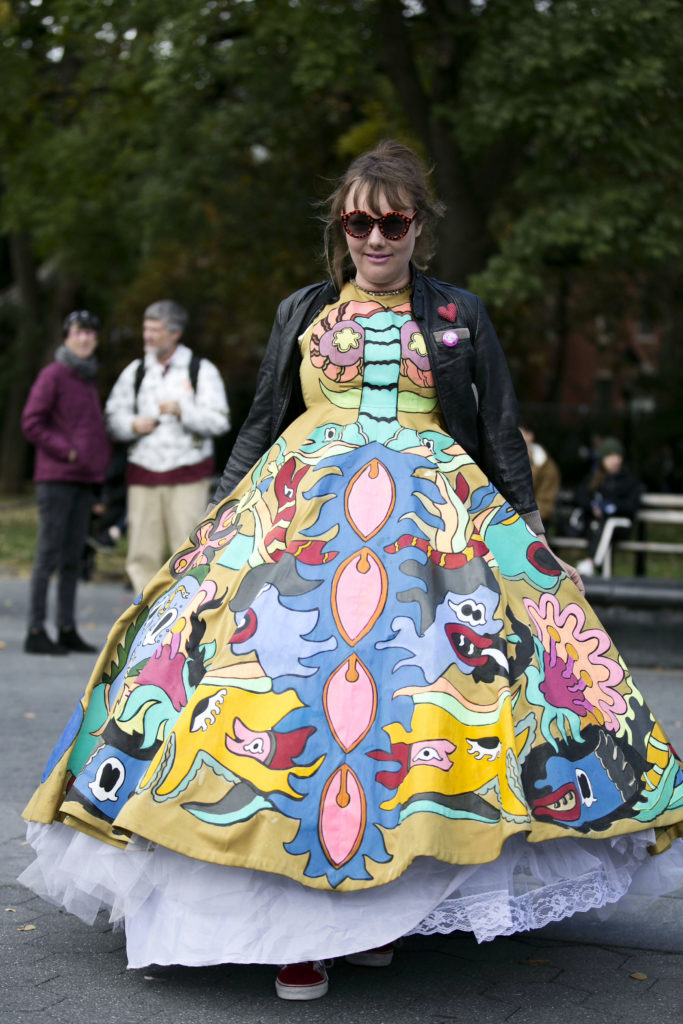 Bud Snow wearing her Protection Dress art piece at Michele Pred's We Vote Parade. Photo by Pontus Hook.