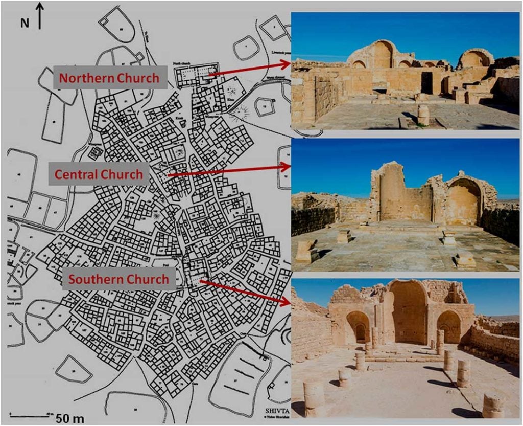 A plan of Shivta showing the locations of its churches. Photo by Dror Maayan.