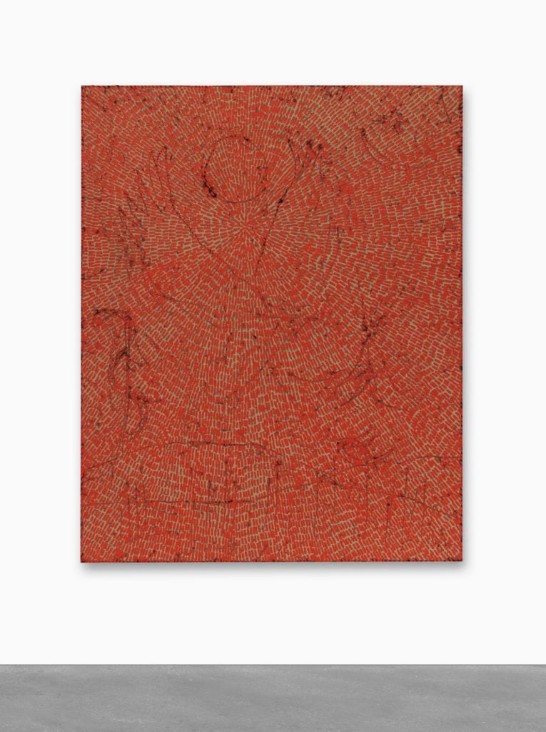Jennifer Guidi, <i>Energy of Love (Painted Universe Mandala SF #4F, Red, Natural Ground) </i> (2018). Courtesy of Sotheby's. 