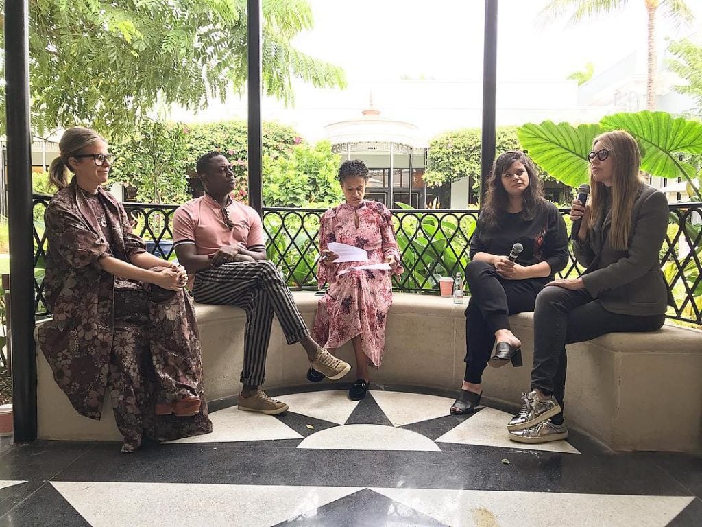 Yvonne Force Villareal, Sanford Biggers, Isolde Brielmaier, Diana Al-Hadid and Gisela Colon at a panel on inclusion in the arts at New Wave Art Weekend. Photo by Eric Minh Swenson.