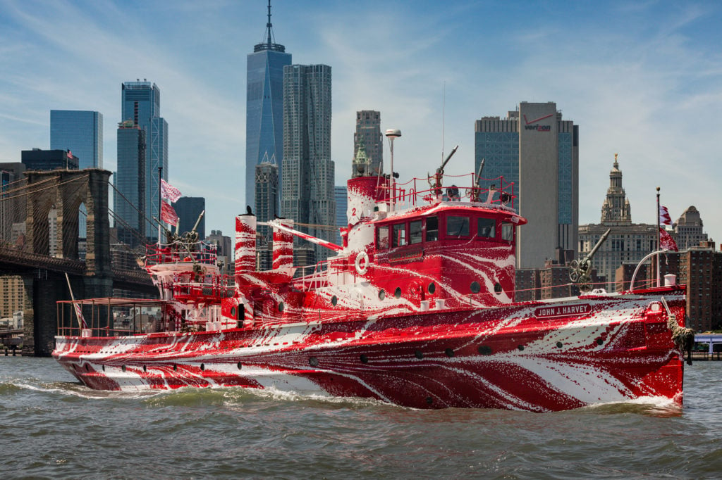 Tauba Auerbach, Flow Separation (2018), on the Fireboat John J. Harvey, courtesy of Paula Cooper. Photo by Nicholas Knight, courtesy of the Public Art Fund, New York.