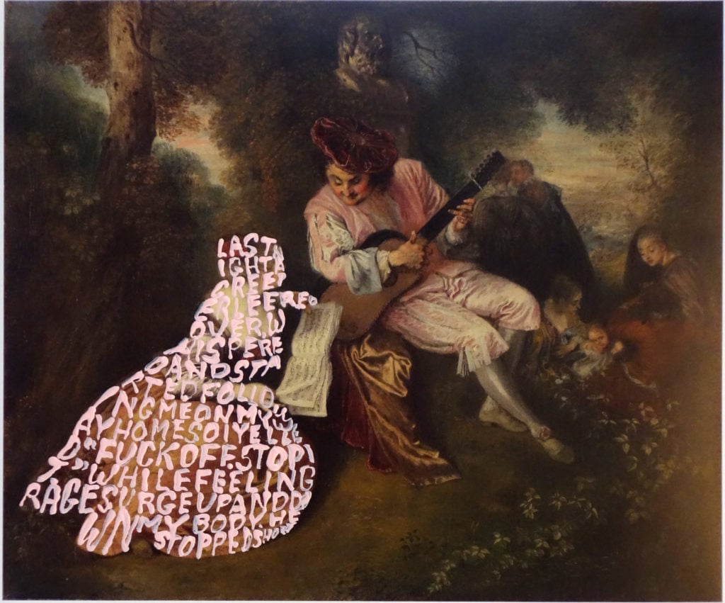 Betty Tompkins, <em>Women Words #1 (Watteau)</em>, 2018. Courtesy of the artist and PPOW, New York.