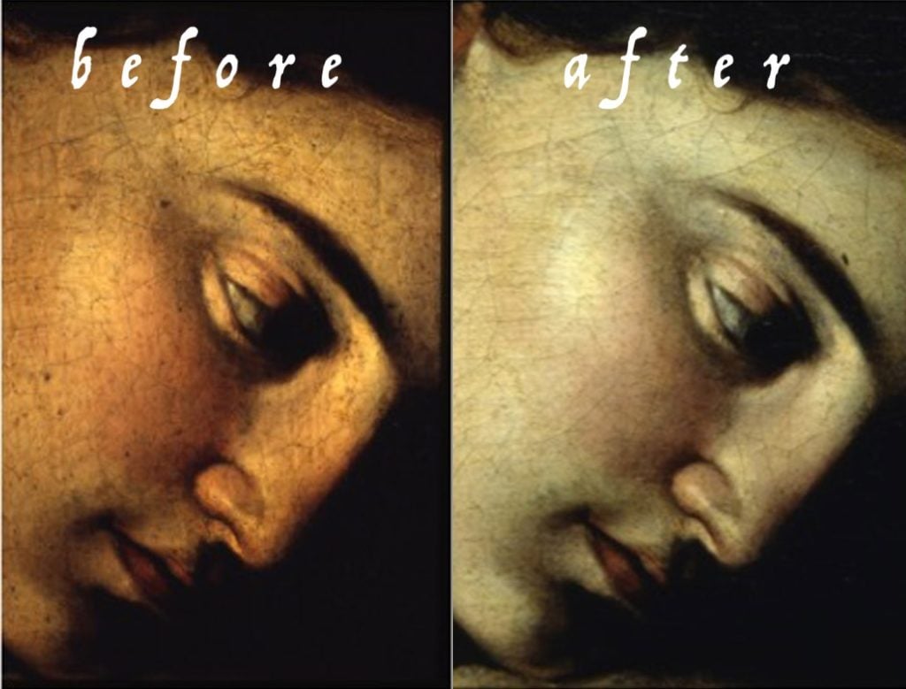 A before and after detail of the restoration of <em>The Pilgrim's Madonna</em> by Caravaggio. Photo courtesy of Studio Merlini Storti.