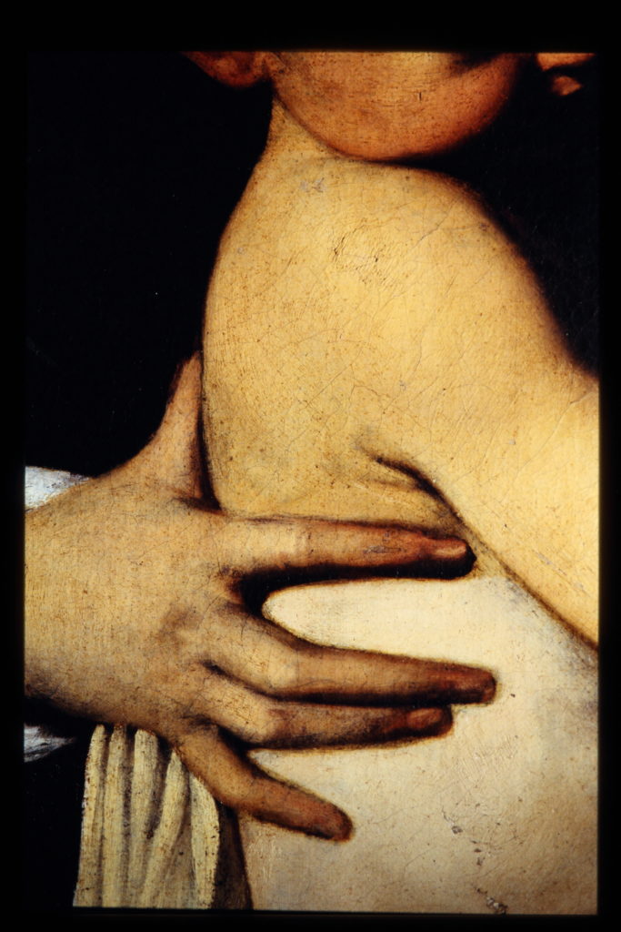 Cleaning sample on <em>The Pilgrim's Madonna</em> by Caravaggio. Photo courtesy of Studio Merlini Storti. 