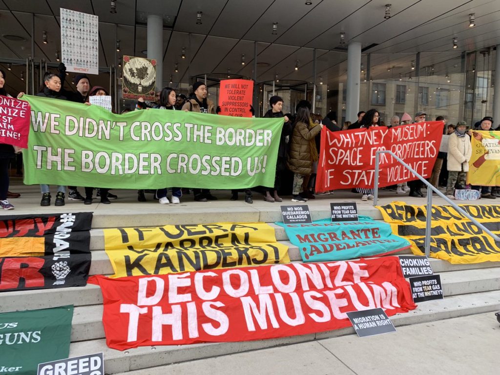 Decolonize This Place protests at the Whitney Museum of American Art. Photo courtesy of @nycDSAantiwar.
