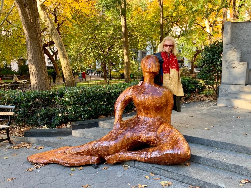 Arlene Shechet with her piece Forward in "Full Steam Ahead" at Madison Square Park. Photo by Sarah Cascone.