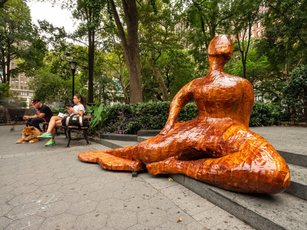 Installation view of "Arlene Shechet: Full Steam Ahead" at Madison Square Park. Photo by Guy Ben-Ari, courtesy of the Madison Park Conservancy.