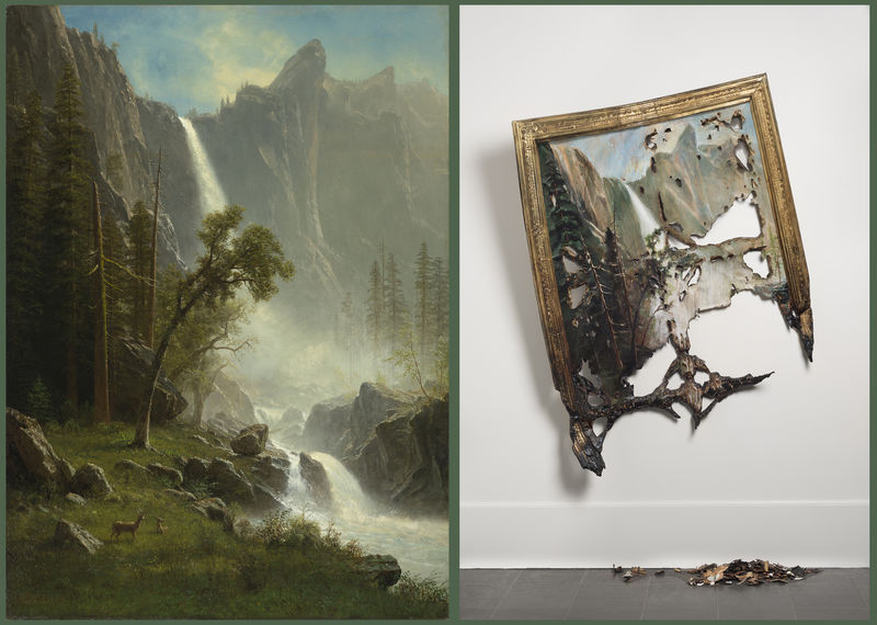 Albert Bierstadt, <em>Bridal Veil Falls, Yosemite</em>. Courtesy of the North Carolina Museum of Art, Raleigh. (Left.) Valerie Hegarty, <em>Fallen Bierstadt</em>. Courtesy of the Brooklyn Museum of Art, gift of Campari USA. (RIght.)