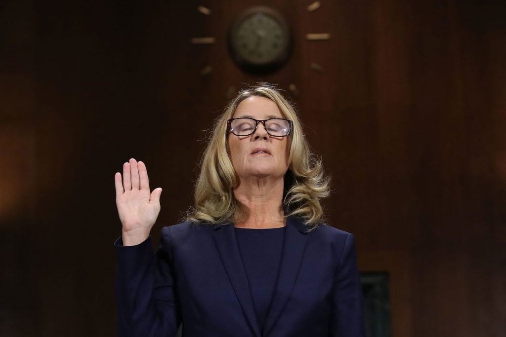 Christine Blasey Ford is sworn in before testifying the Senate Judiciary Committee on Capitol Hill, September 27, 2018 in Washington, DC. Photo by Win McNamee/Getty Images.