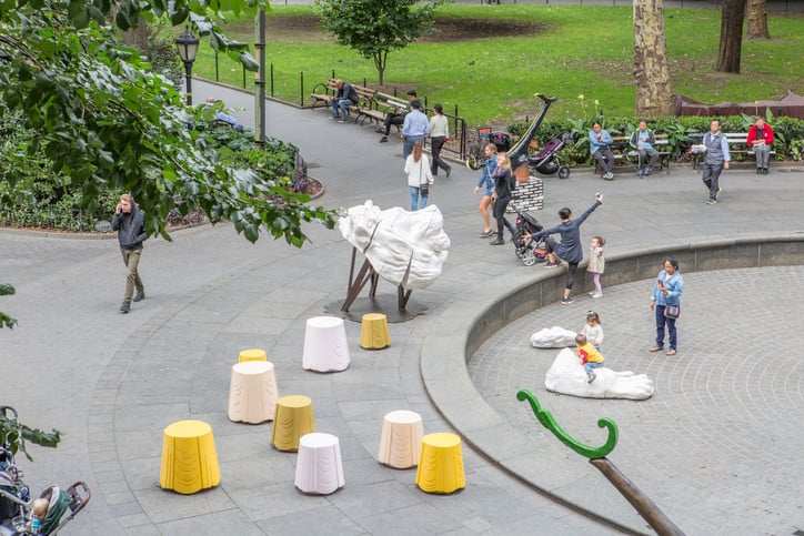 Installation view of "Arlene Shechet: Full Steam Ahead" at Madison Square Park. Photo by Rashmi Gill, courtesy of the Madison Park Conservancy.
