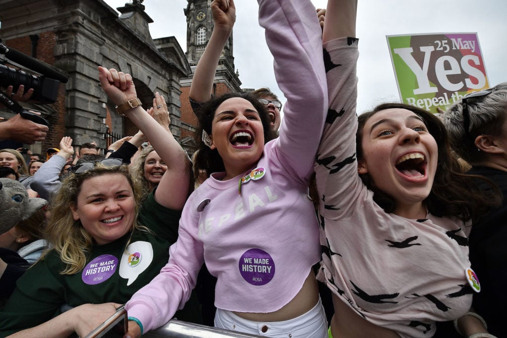 Yes voters celebrate as the result of the Irish referendum on the 8th amendment concerning the country's abortion laws is declared at Dublin Castle on May 26, 2018 in Dublin, Ireland. Photo by Charles McQuillan/Getty Images.