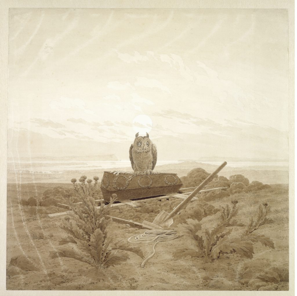 Caspar David Friedrich, <i>Landscape with Grave, Coffin, and Owl</i> (around 1835).