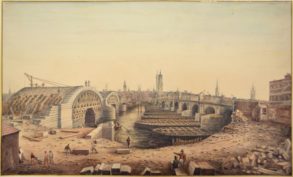 Gideon Yates, <em>Old &amp; New London Bridges </em>(1828). Image © Bishopsgate Institute.