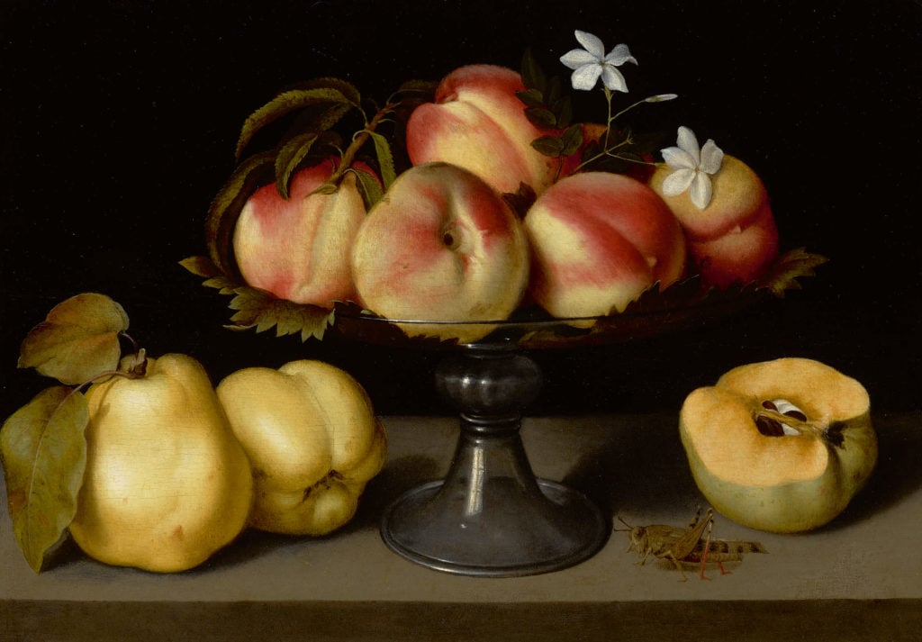 Fede Galizia's <I>Glass Compote with Peaches, Jasmine Flowers, Quinces, and Grasshoppe</i>. Courtesy Sotheby's.