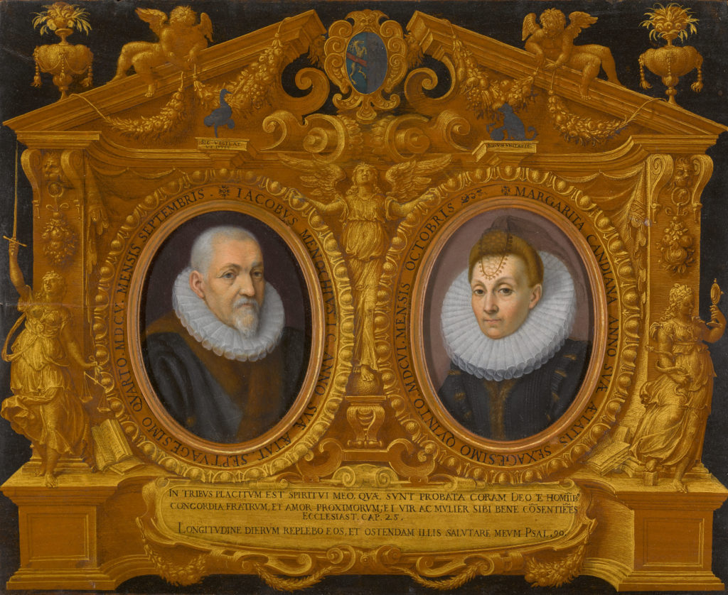 Fede Galizia and Nunzio Galizia, <em> Double Portrait of Jacopo Menochio and Margherita Candiani, in a Trompe-L'oeil Frame, Decorated With Allegories of Justice And Prudence</em>. Estimate $200,000–300,000. Courtesy of Sotheby's New York. 