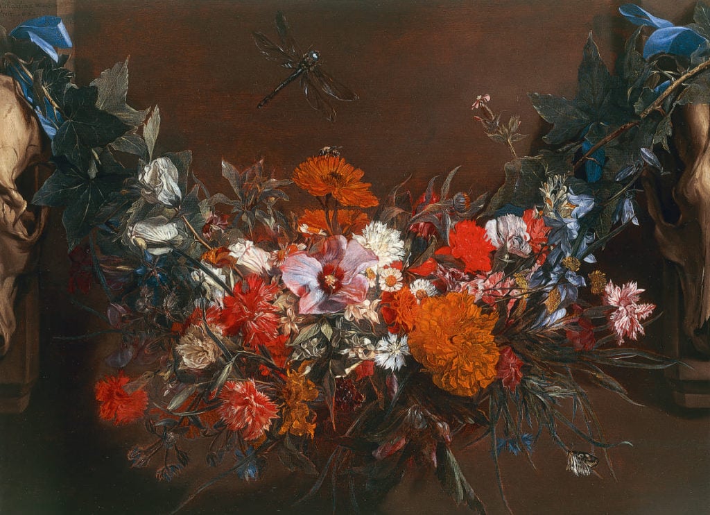 Michaelina Wautier, <em>A Garland of Flowers, Suspended Between Two Animal Skulls, a Dragonfly Above</em>. Estimate $150,000–200,000. Courtesy of Sotheby's New York. 