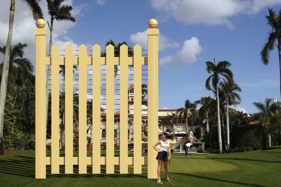 New World Design' rendering of a border wall prototype, designed based on President Donald Trump's most outlandish statements, outside of Mar-a-Lago. Image courtesy of New World Design.