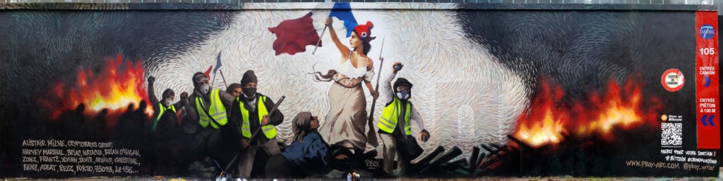 Pascal "PBOY" Boyart, <em>La liberté guidant le peuple (Liberty Leading the People)</em> (2019). Photo courtesy of the artist. 