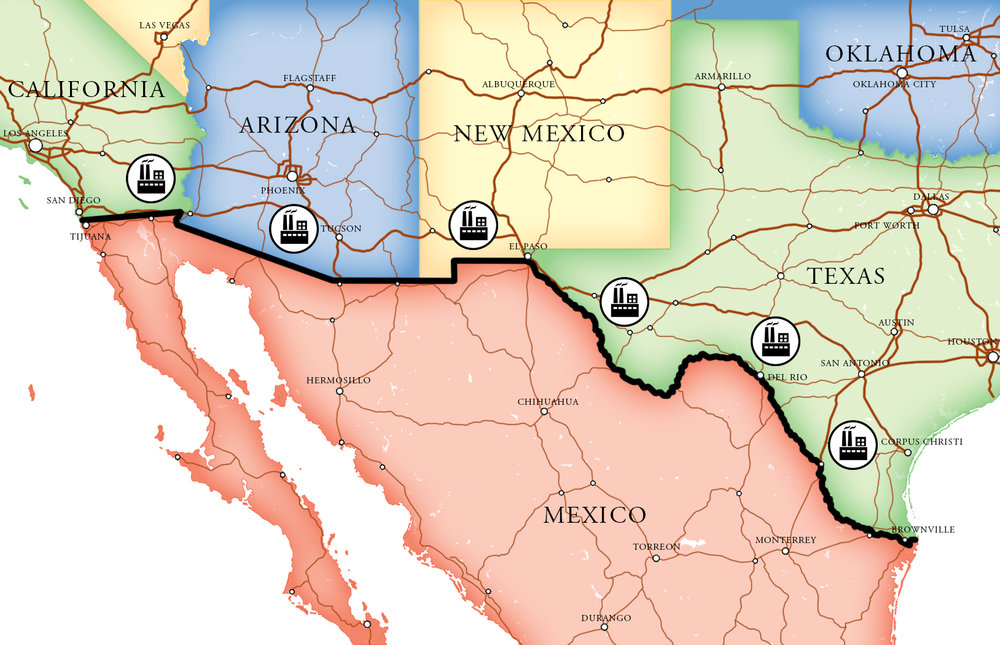 New World Design's map of the six new coal plants that will power their electrified border wall. Image courtesy of New World Design.
