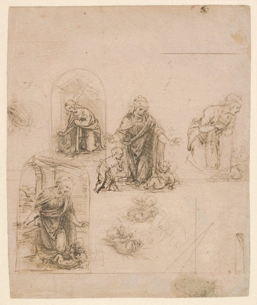 Leonardo da Vinci, <em>Designs for Altarpieces of the Virgin Adoring the Christ Child</em> (circa 1482–85). Courtesy of the Metropolitan Museum of Art.