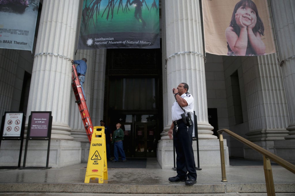 A security guard at Smithsonian National Museum of Natural History. Photo by Chip Somodevilla/Getty Images.