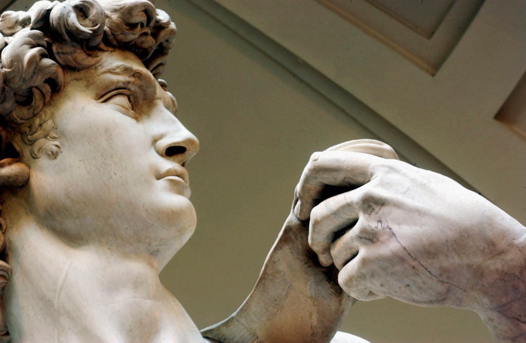 Michelangelo's masterpiece David at the Galleria dell'Accademia in Florence. Photo by Franco Origlia/Getty Images.