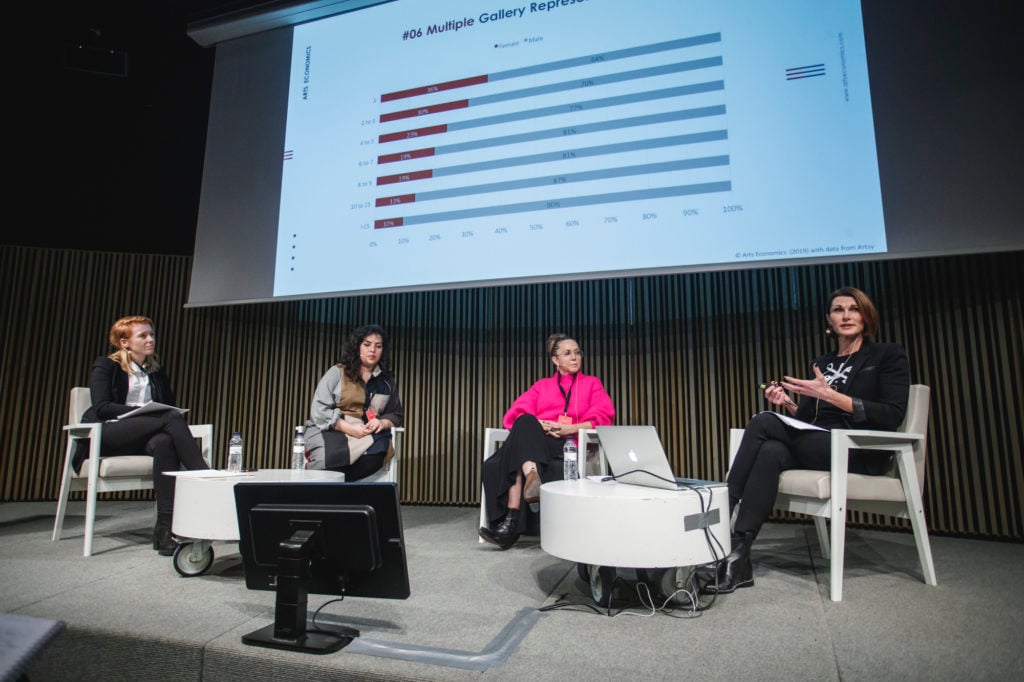 Panelists on "Women Artists in the Market" (L to R): moderator Anny Shaw, Carlos/Ishikawa and Condo founder Vanessa Carlos, art adviser Lisa Schiff, and economist Clare McAndrew. © Xavi Torrent. Courtesy of Talking Galleries. 