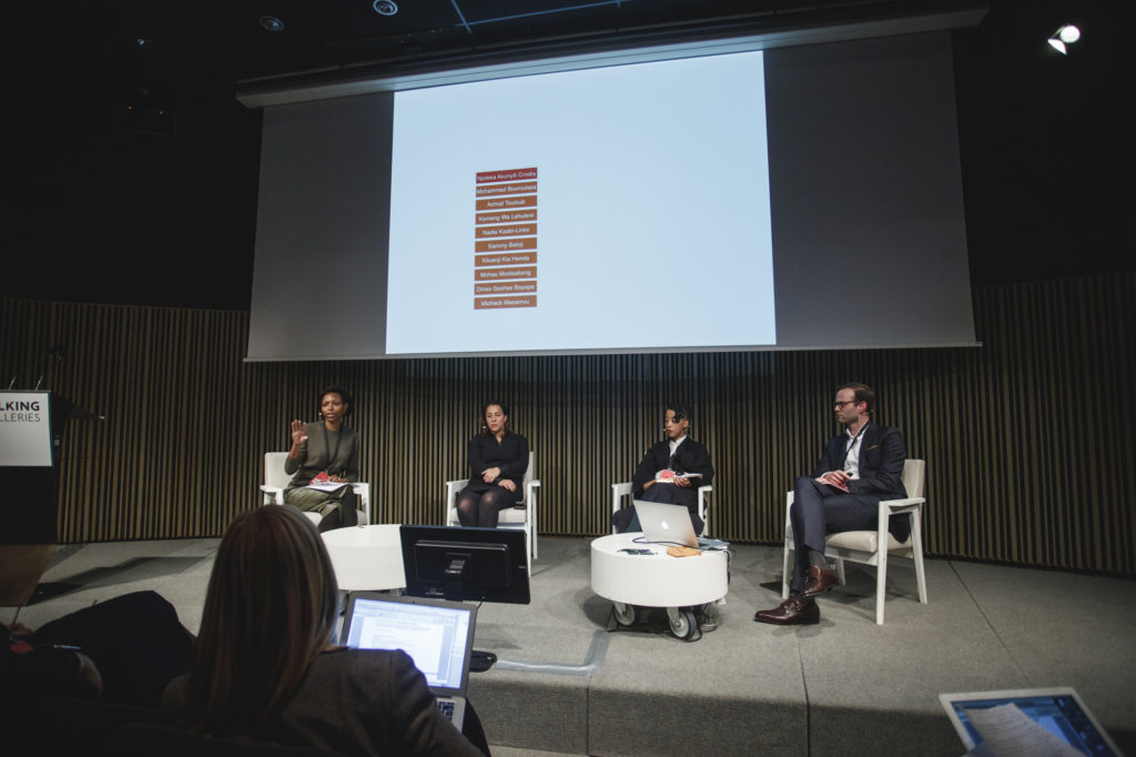 Panelists on "Africa's Growing Market" (L to R): Moderator Bomi Odufunade, 1:54 founder Touria El Glaoui, Stevenson Gallery associate director Lerato Bereng, and ArtTactic's Peter Gerdman. © Xavi Torrent. Courtesy of Talking Galleries. 