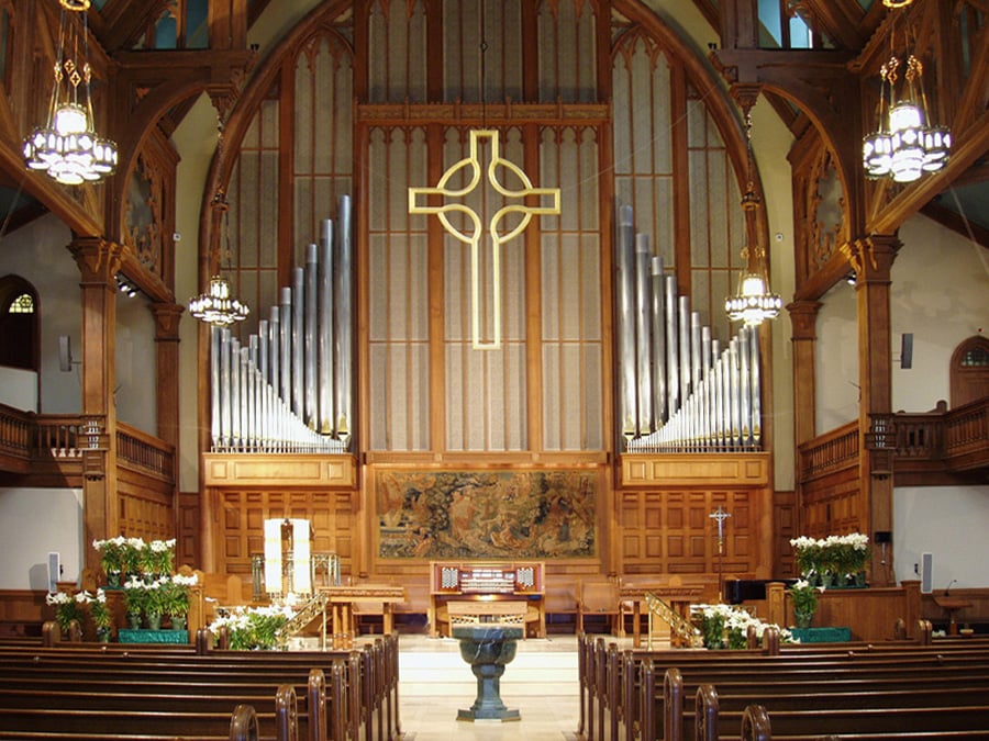 The interior of New York's Madison Avenue Presbyterian Church, where gallerist Mary Boone has been a parishioner since 1988. Photo courtesy of the Madison Avenue Presbyterian Church.